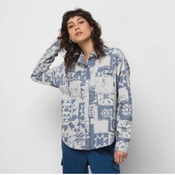 Vans Tops - Vans Patchwork Blue and White Blouse